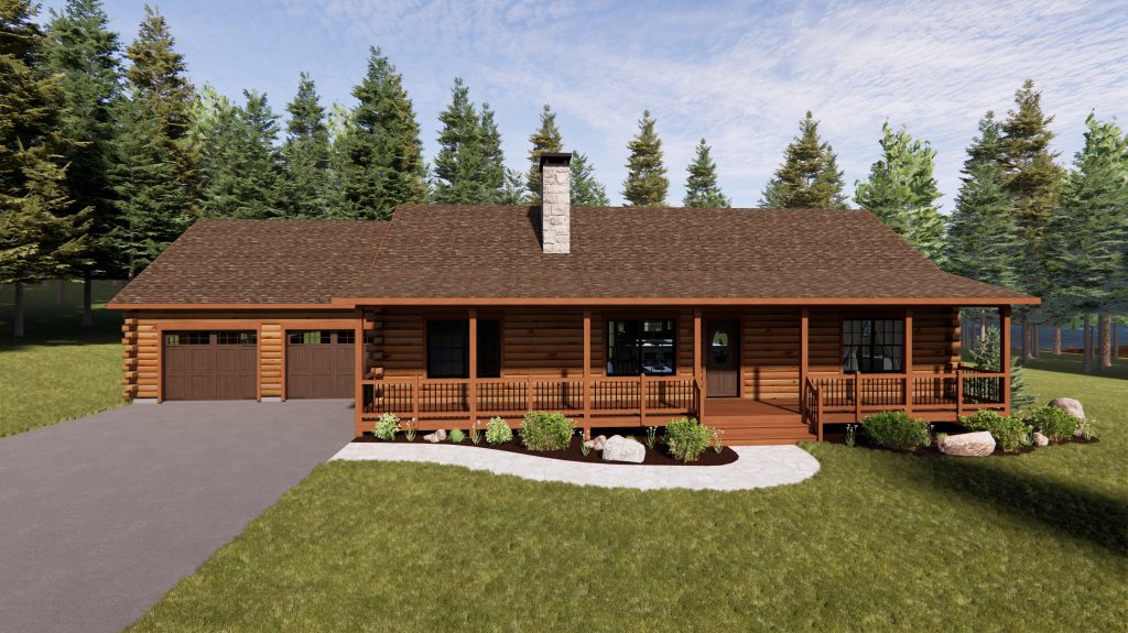 Small single story log home surrounded by trees