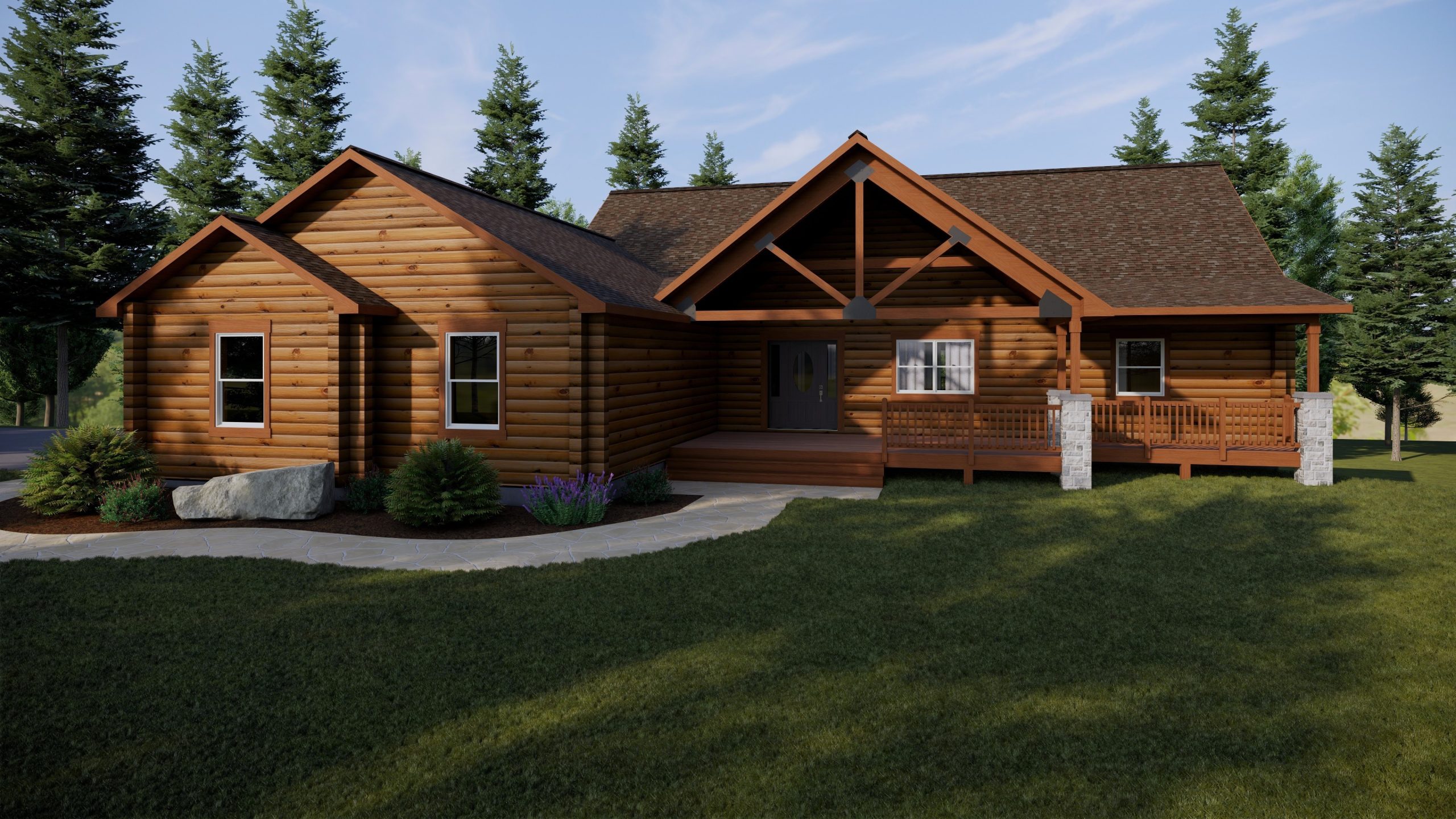 Log home front on a yard with trees