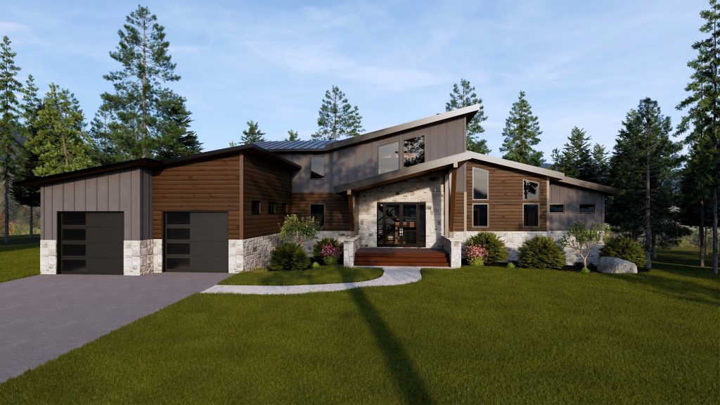 Modern style single-story house with wood, stone, and dark metal siding, featuring two garage doors, a covered front entry, and landscaped lawn surrounded by pine trees.