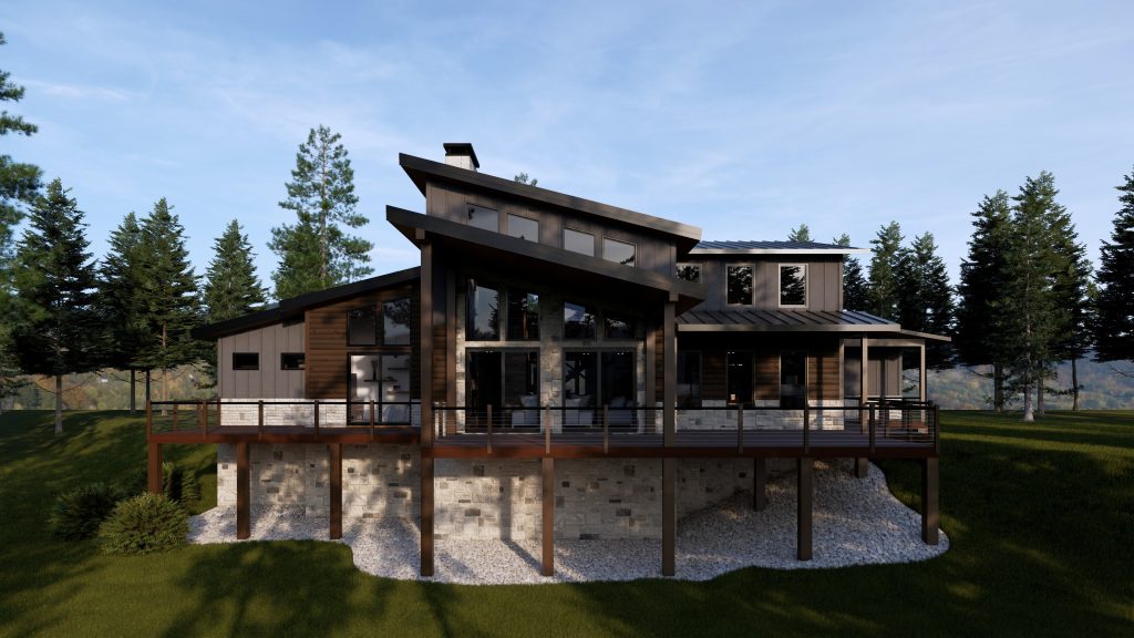 Modern luxury hybrid home with dark wood siding, expansive windows, covered deck, and stone foundation surrounded by pine trees.