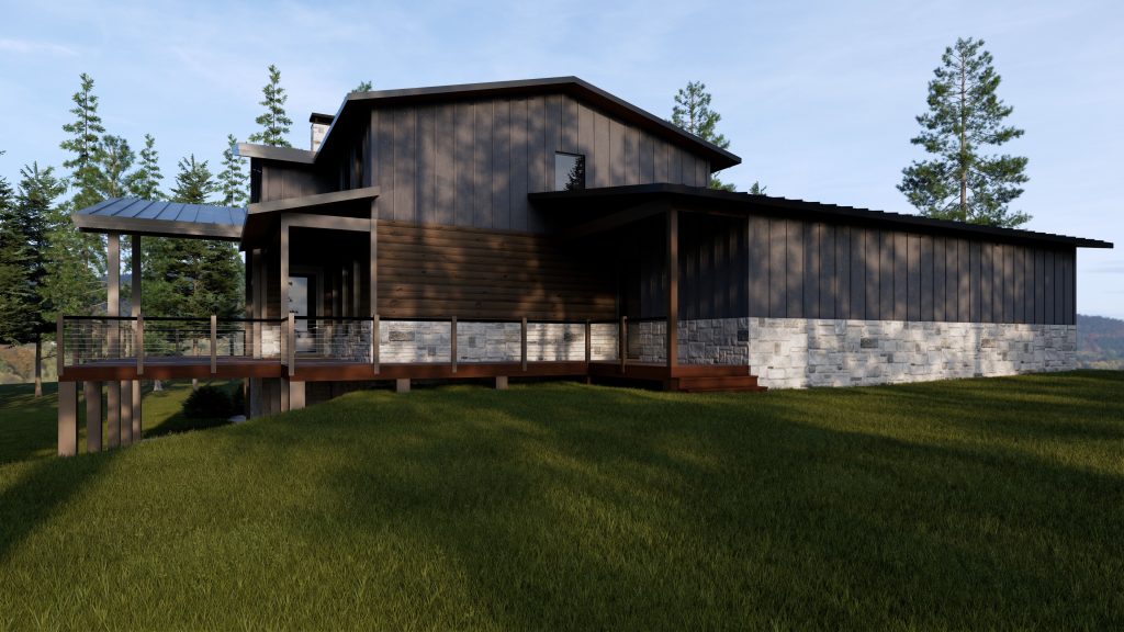 Modern dark-clad house with wood and stone accents, surrounded by trees and set on a grassy hillside.