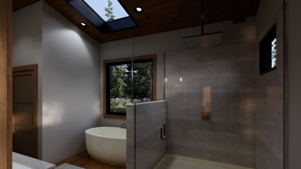 Modern bathroom with a freestanding white soaking tub beside a large window overlooking trees, a glass-enclosed walk-in shower with stone-look walls, wood flooring, and a wood-paneled ceiling with a skylight.