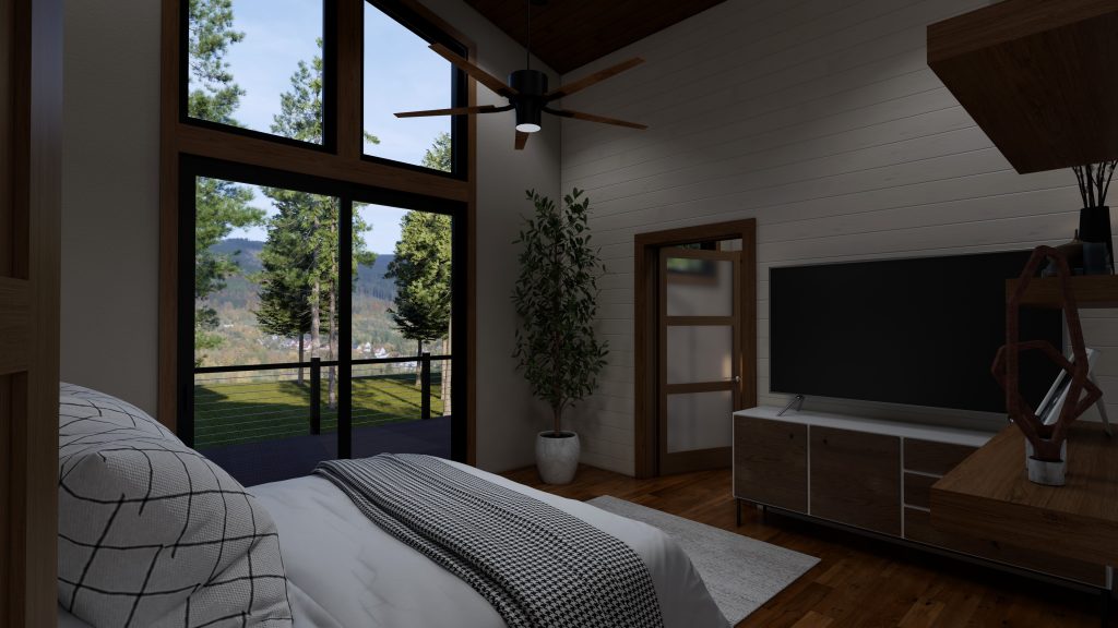 Cozy modern bedroom with a white bed and patterned bedding, large floor-to-ceiling windows overlooking a wooded mountain landscape, a wall-mounted TV, wood flooring and paneling, a ceiling fan, and mid-century-style wooden furniture.