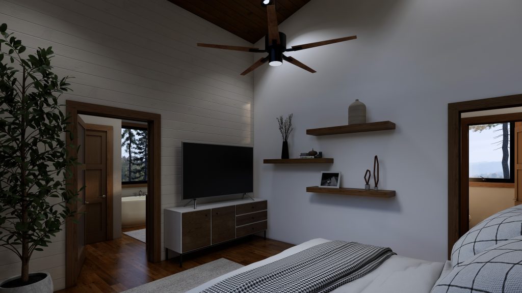 Modern bedroom with a white upholstered bed, patterned pillows and throw, wood floors and ceiling beams, floating wood shelves with decorative objects, a wall-mounted TV, and large windows overlooking trees and mountains.
