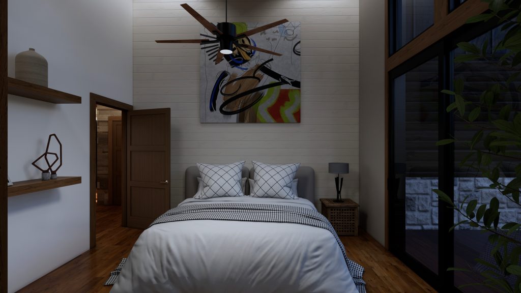 Modern bedroom with a gray upholstered bed, white bedding and patterned pillows, wood floors and beams, an abstract artwork above the bed, and large windows overlooking trees.