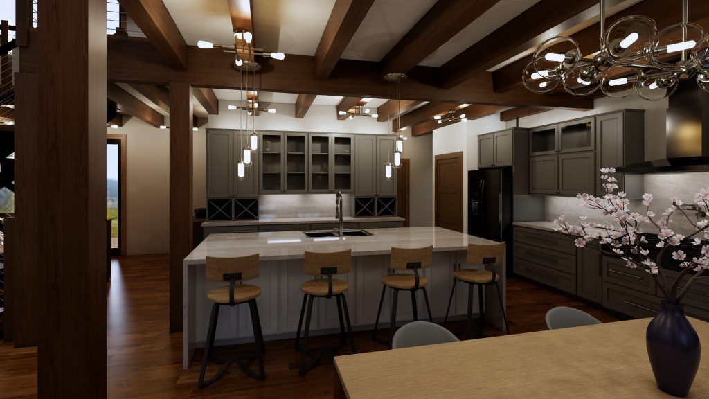 Modern mountain-home kitchen with a large light stone island and four wood-and-black bar stools, dark gray cabinetry, warm exposed wood beams, pendant lighting, and a flowering branch in a dark vase on the dining table in the foreground.
