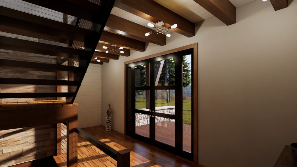 Interior view of a modern mountain home featuring warm wood floors and beams, a wood-clad staircase with cable railing, large black-framed glass doors opening to a wooded outdoor area, and contemporary pendant and ceiling lighting.