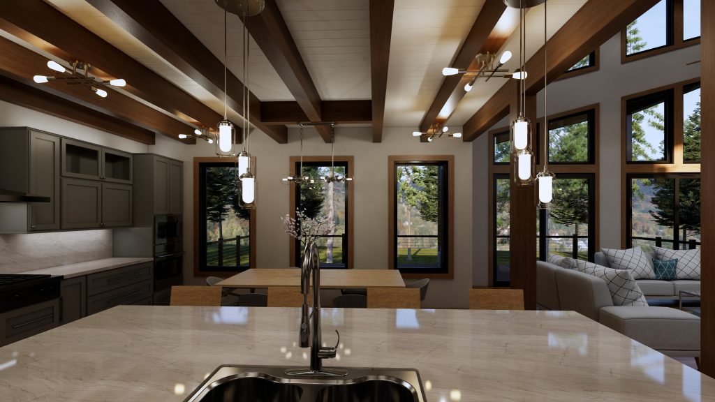 Interior view of a spacious modern mountain home with warm wood floors and exposed timber beams, large windows overlooking a forested landscape, a stone fireplace, light-colored sofas, a kitchen island, and an open staircase with cable railing.