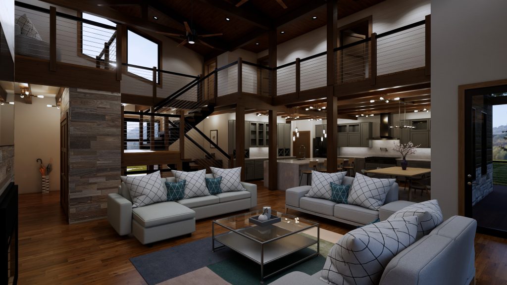 Spacious open-concept living room and kitchen with sectional sofas, wood beams, a cable-railed loft, staircase, and large kitchen island.