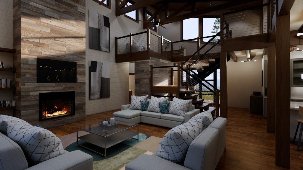 Spacious modern living room with a stone fireplace, sectional sofas, glass coffee table, exposed wood beams, cable-railed loft, and staircase.