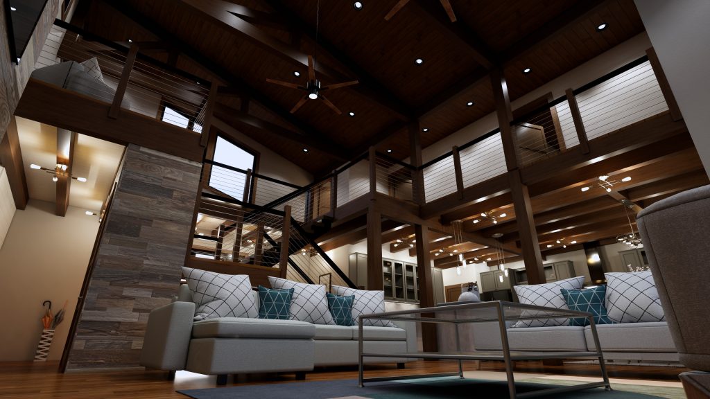 Spacious open-concept living area with exposed wood beams, vaulted ceiling, cable-railed lofts, sectional sofas, and a staircase leading to the upper level.