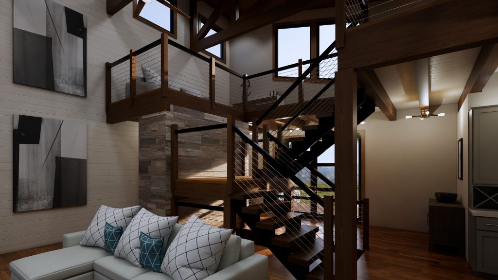 Cozy modern living room with a sectional sofa, exposed wood beams, cable-railed staircase, and loft overlooking the open-concept interior.