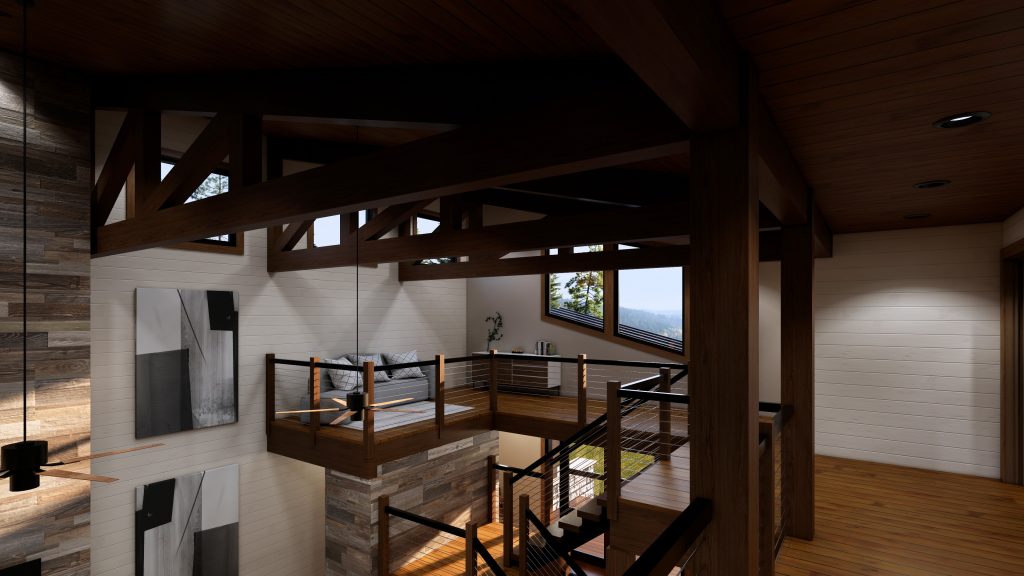 Upper-level living area with exposed wood beams, cable railings, hardwood floors, and a seating area overlooking a forested mountain landscape.