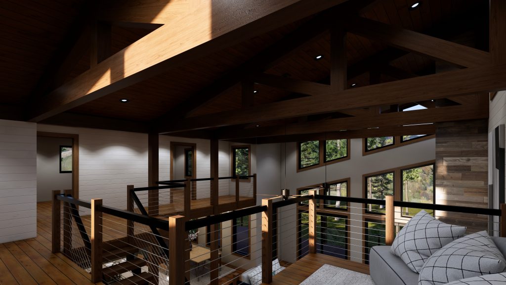 Open-plan upper-level interior with exposed dark wood beams, cable railings, wood flooring, and large windows overlooking a forested landscape.