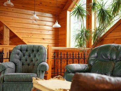 Cozy log home loft seating area with warm wood walls, large windows, leather furniture, hanging pendant lights, indoor greenery, and natural sunlight throughout.